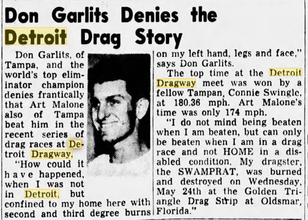 Detroit Dragway - Garlitz Denies Being Beaten By Art Malone June 1961